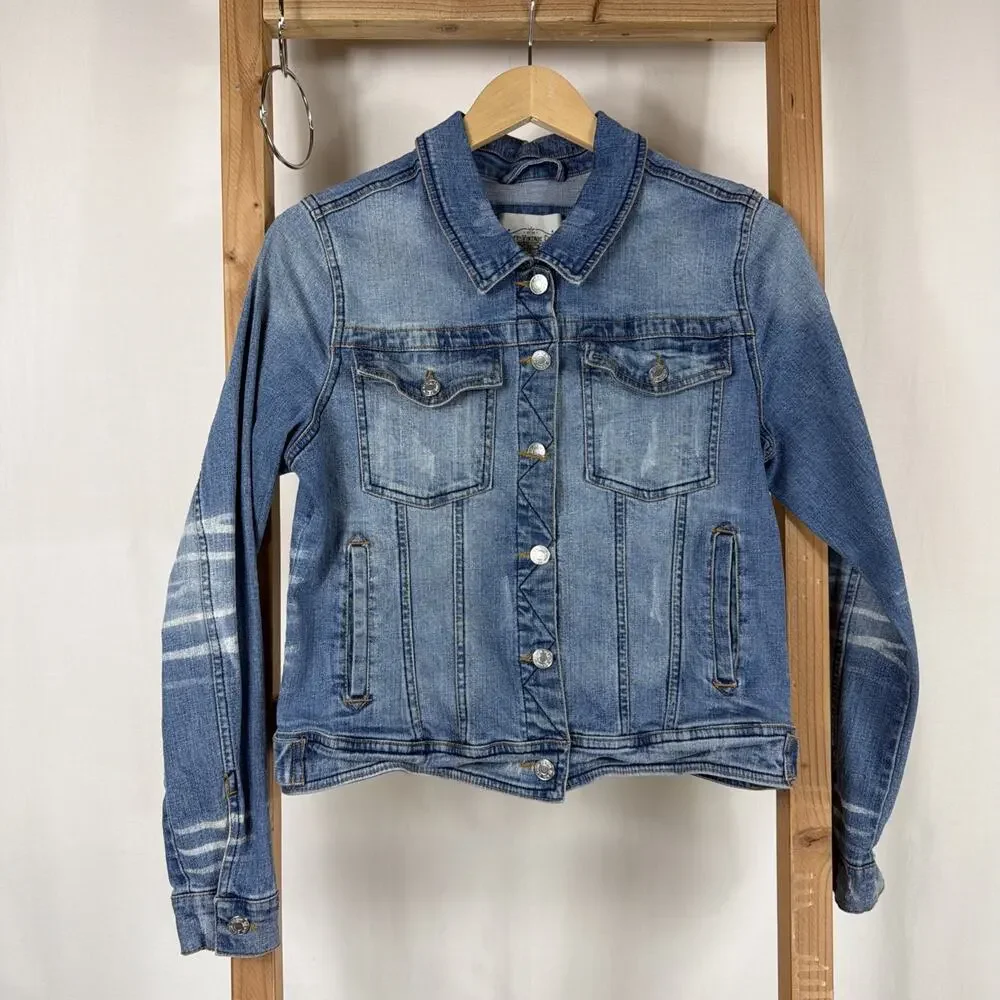 Ashley Vintage Charm Bleached Details Button Up Denim Jean Jacket #1245 Sizes L - Picture 1 of 7